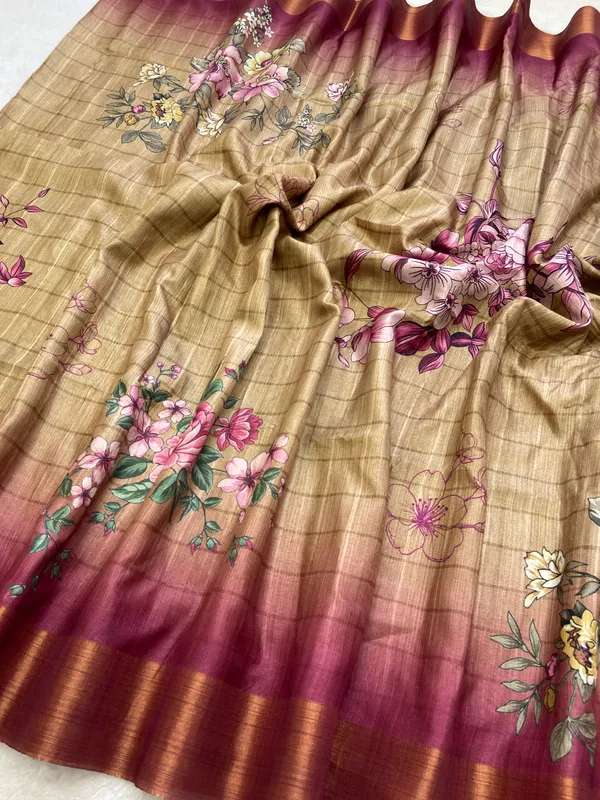 Soft_Tussar_Silk_sarees_with_Beautiful_Print_With_Attractive_Border_And_Contrast_Print_Blouse_With_Tassels