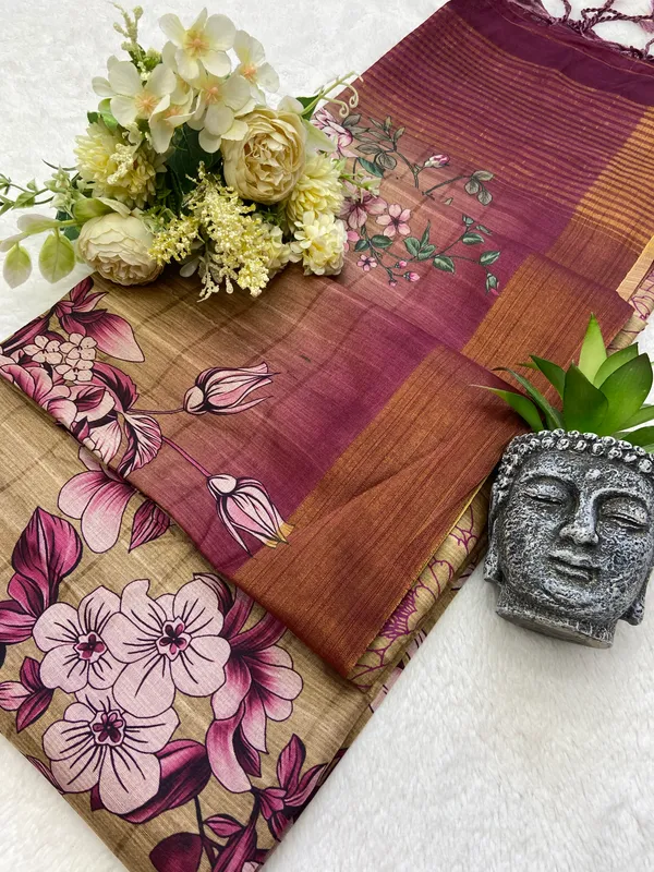 Soft_Tussar_Silk_sarees_with_Beautiful_Print_With_Attractive_Border_And_Contrast_Print_Blouse_With_Tassels