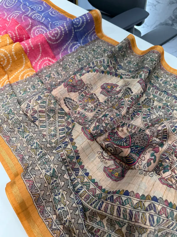 Soft_Semi_Tussar_Silk_sarees_with_Beautiful_Digital_Print_With_Attractive_Border_And_Contrast_Print_Blouse_With_Tassels