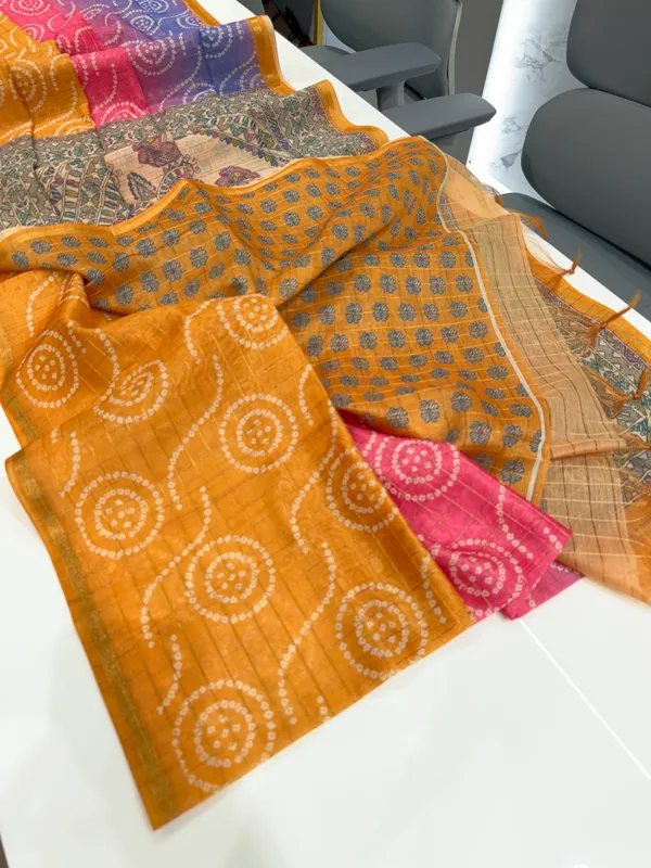 Soft_Semi_Tussar_Silk_sarees_with_Beautiful_Digital_Print_With_Attractive_Border_And_Contrast_Print_Blouse_With_Tassels