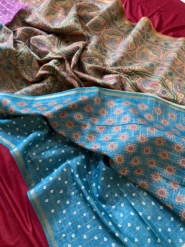 Soft_Semi_Tussar_Silk_sarees_with_Beautiful_Digital_Print_With_Attractive_Border_And_Contrast_Print_Blouse_With_Tassels
