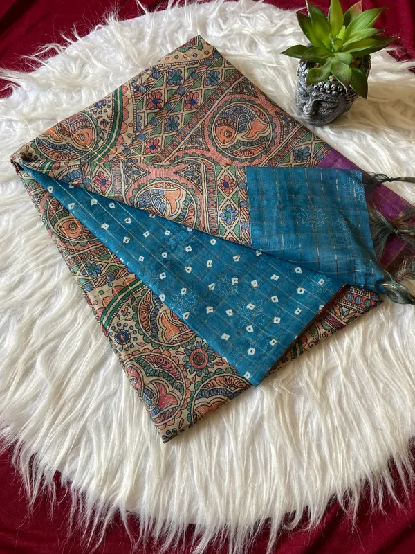 Soft_Semi_Tussar_Silk_sarees_with_Beautiful_Digital_Print_With_Attractive_Border_And_Contrast_Print_Blouse_With_Tassels