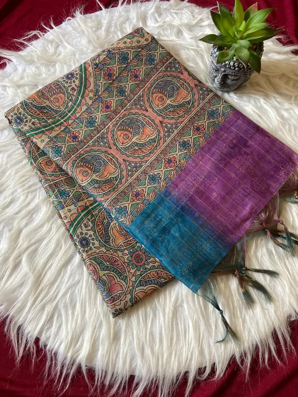 Soft_Semi_Tussar_Silk_sarees_with_Beautiful_Digital_Print_With_Attractive_Border_And_Contrast_Print_Blouse_With_Tassels