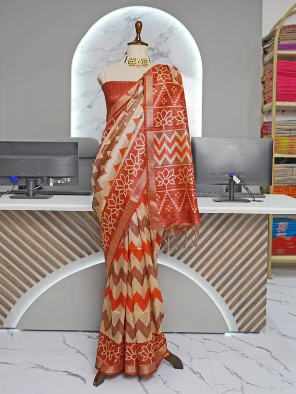 Soft_Tussar_Silk_sarees_with_Beautiful_Digital_Print_With_Attractive_Border_And_Contrast_Print_Blouse_With_Tassels