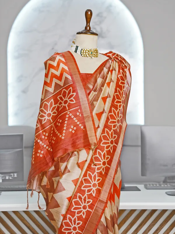 Soft_Tussar_Silk_sarees_with_Beautiful_Digital_Print_With_Attractive_Border_And_Contrast_Print_Blouse_With_Tassels