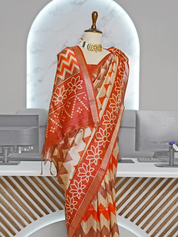 Soft_Tussar_Silk_sarees_with_Beautiful_Digital_Print_With_Attractive_Border_And_Contrast_Print_Blouse_With_Tassels