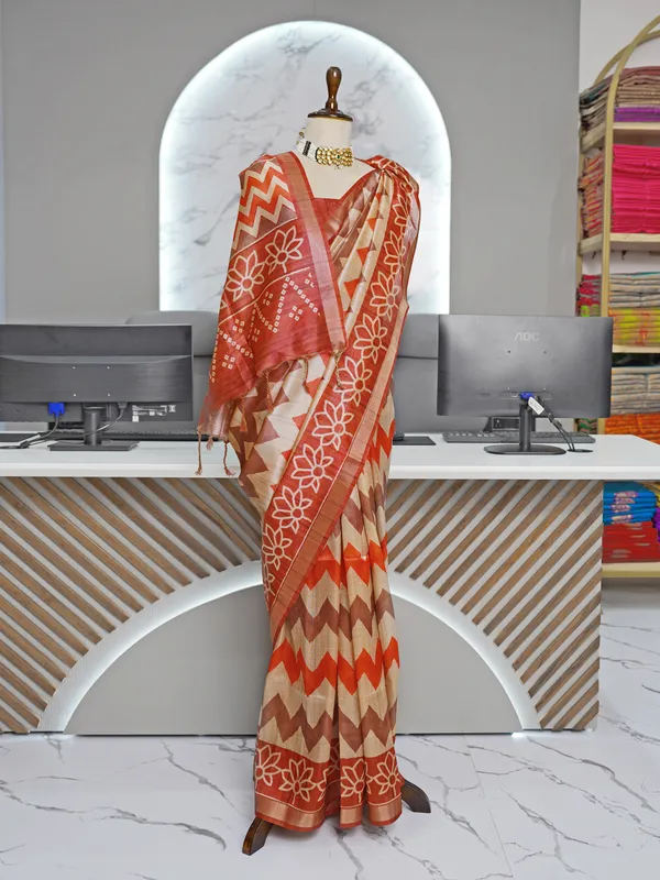 Soft_Tussar_Silk_sarees_with_Beautiful_Digital_Print_With_Attractive_Border_And_Contrast_Print_Blouse_With_Tassels