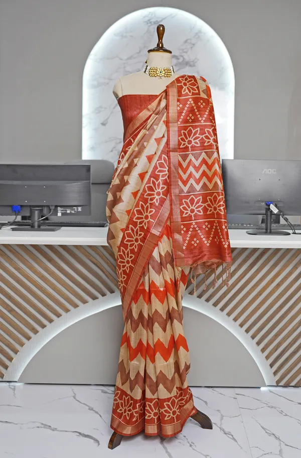 Soft_Tussar_Silk_sarees_with_Beautiful_Digital_Print_With_Attractive_Border_And_Contrast_Print_Blouse_With_Tassels