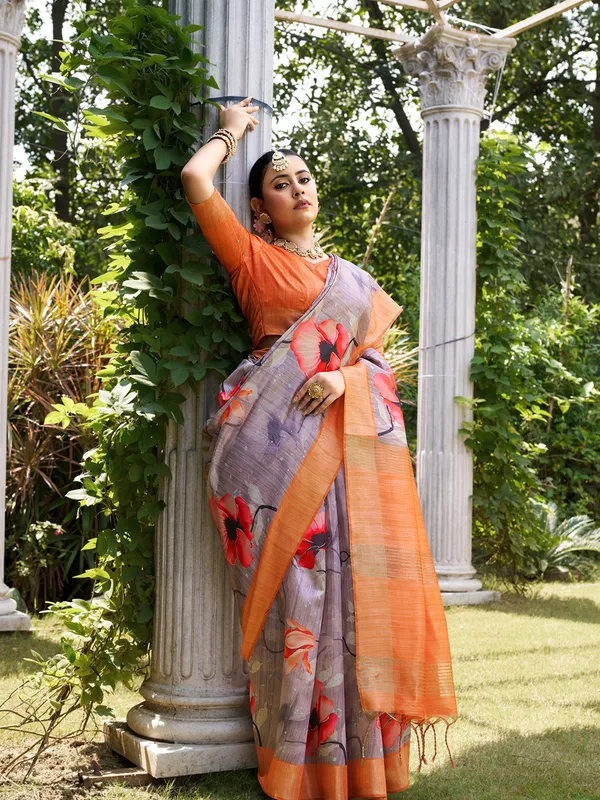 Soft_Tussar_Silk_sarees_with_Beautiful_Print_With_Attractive_Border_And_Contrast_Print_Blouse_With_Tassels