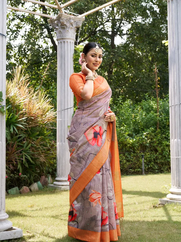 Soft_Tussar_Silk_sarees_with_Beautiful_Print_With_Attractive_Border_And_Contrast_Print_Blouse_With_Tassels