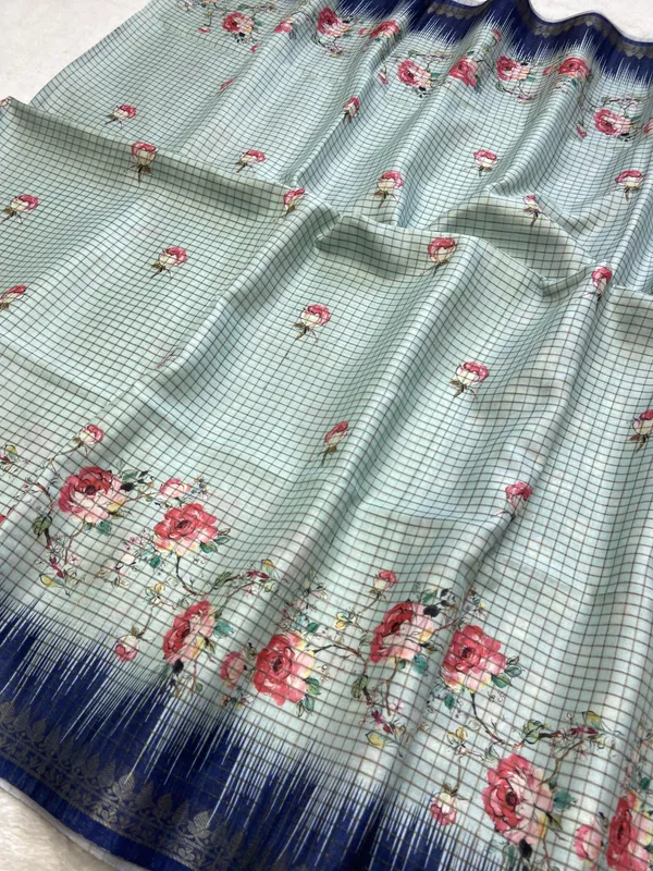 Soft_Tussar_Silk_sarees_with_Beautiful_Digital_Print_With_Attractive_Checks_Design_Saree_And_Digital_Print_Blouse_With_Tassels