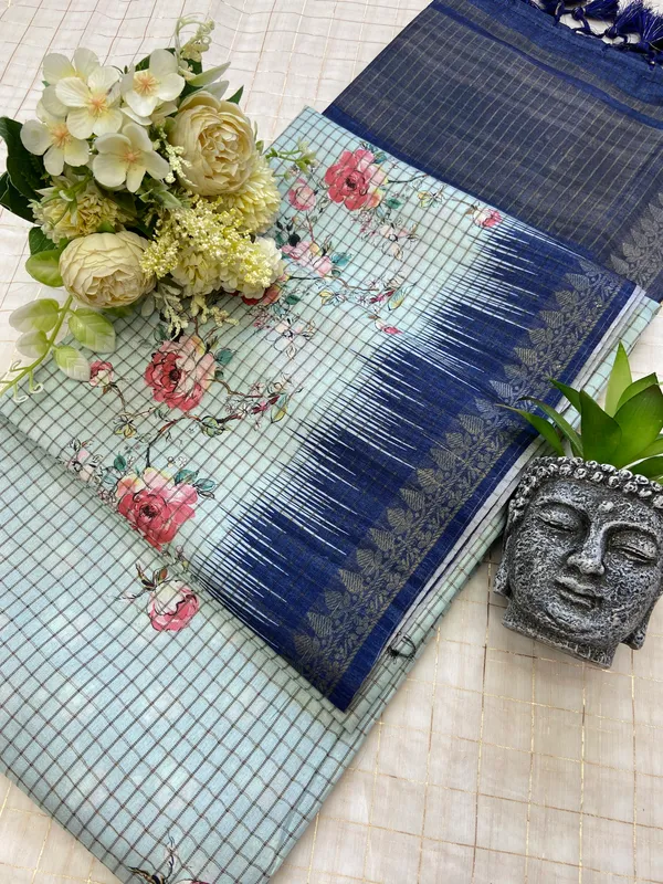 Soft_Tussar_Silk_sarees_with_Beautiful_Digital_Print_With_Attractive_Checks_Design_Saree_And_Digital_Print_Blouse_With_Tassels