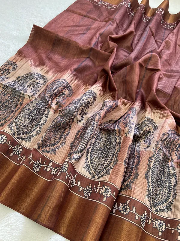Falak_Coffee_Brown_–_Skyward_Aesthetic_Edit_for_You_|_Soft_Tussar_Silk_Saree_with_Print,_Border_&_Contrast_Print_Blouse_with_Tassels