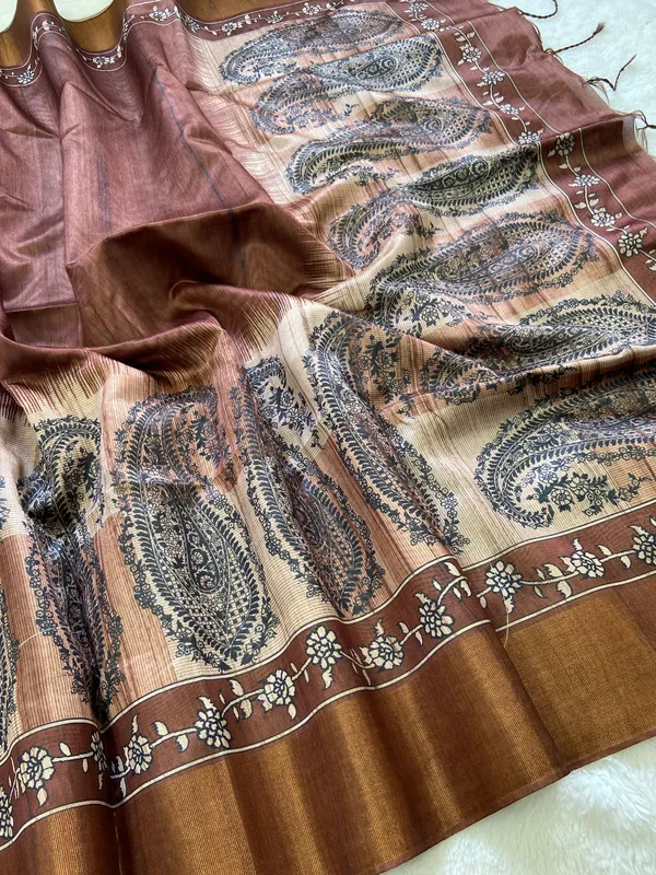 Falak_Coffee_Brown_–_Skyward_Aesthetic_Edit_for_You_|_Soft_Tussar_Silk_Saree_with_Print,_Border_&_Contrast_Print_Blouse_with_Tassels