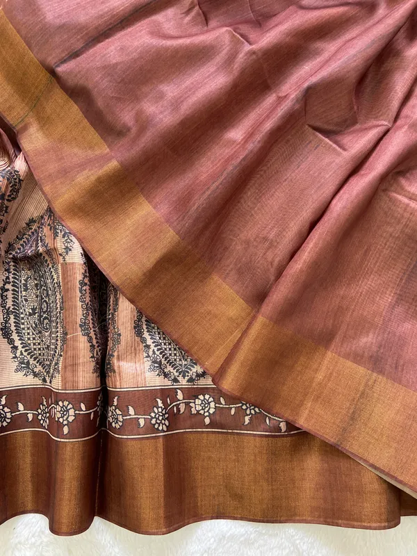 Falak_Coffee_Brown_–_Skyward_Aesthetic_Edit_for_You_|_Soft_Tussar_Silk_Saree_with_Print,_Border_&_Contrast_Print_Blouse_with_Tassels