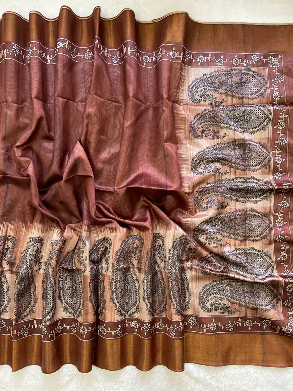 Falak_Coffee_Brown_–_Skyward_Aesthetic_Edit_for_You_|_Soft_Tussar_Silk_Saree_with_Print,_Border_&_Contrast_Print_Blouse_with_Tassels
