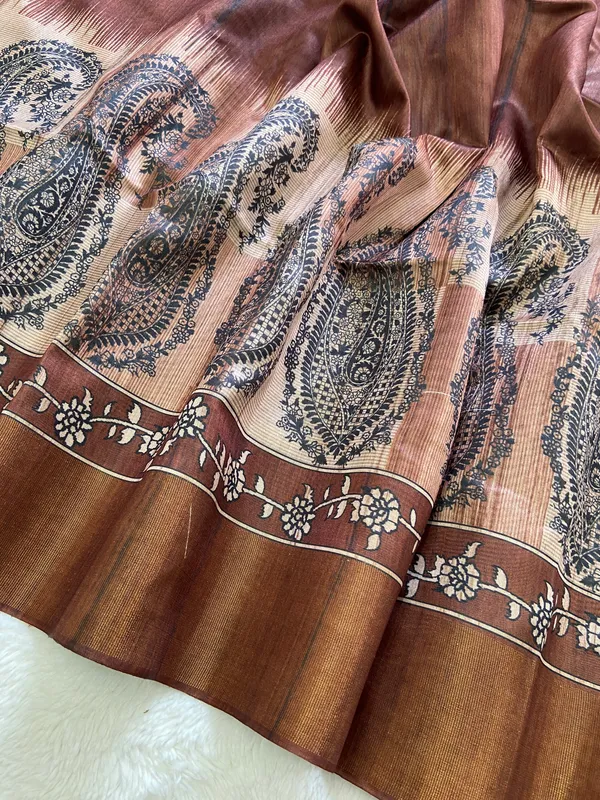 Falak_Coffee_Brown_–_Skyward_Aesthetic_Edit_for_You_|_Soft_Tussar_Silk_Saree_with_Print,_Border_&_Contrast_Print_Blouse_with_Tassels