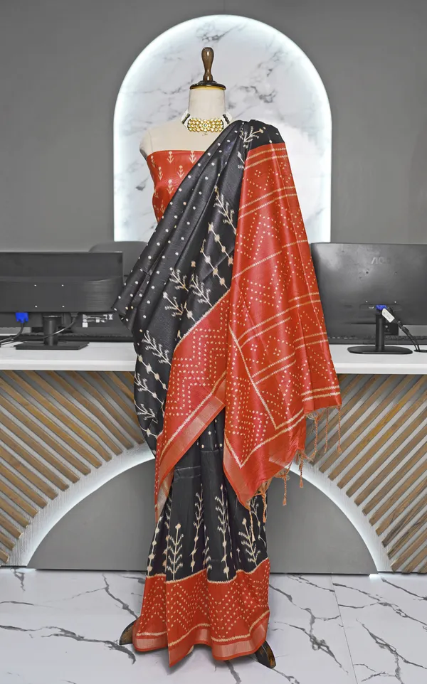 Soft_Tussar_Silk_sarees_with_Beautiful_Digital_Print_With_Attractive_Border_And_Contrast_Print_Blouse_With_Tassels