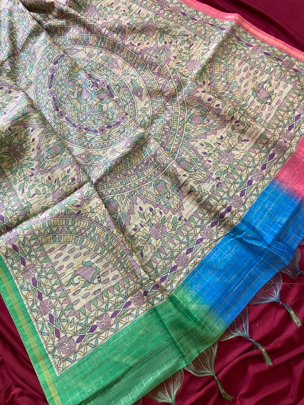 Soft_Semi_Tussar_Silk_sarees_with_Beautiful_Digital_Print_With_Attractive_Border_And_Contrast_Print_Blouse_With_Tassels