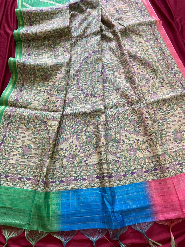 Soft_Semi_Tussar_Silk_sarees_with_Beautiful_Digital_Print_With_Attractive_Border_And_Contrast_Print_Blouse_With_Tassels