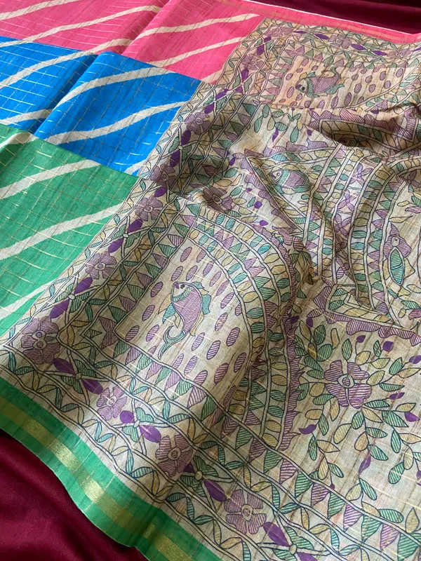 Soft_Semi_Tussar_Silk_sarees_with_Beautiful_Digital_Print_With_Attractive_Border_And_Contrast_Print_Blouse_With_Tassels