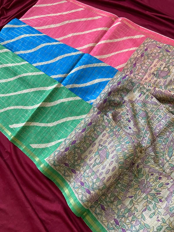 Soft_Semi_Tussar_Silk_sarees_with_Beautiful_Digital_Print_With_Attractive_Border_And_Contrast_Print_Blouse_With_Tassels