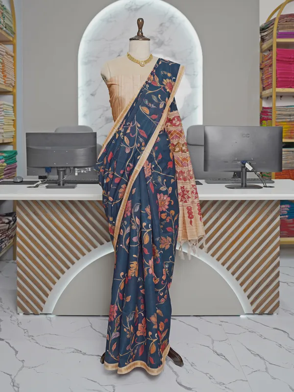 Ekta_Blue_–_Together_Navratri_Special_|_Soft_Tussar_Silk_Saree_with_Digital_Print,_Border_&_Contrast_Print_Blouse_with_Tassels