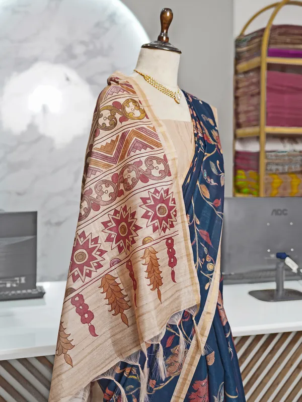 Ekta_Blue_–_Together_Navratri_Special_|_Soft_Tussar_Silk_Saree_with_Digital_Print,_Border_&_Contrast_Print_Blouse_with_Tassels