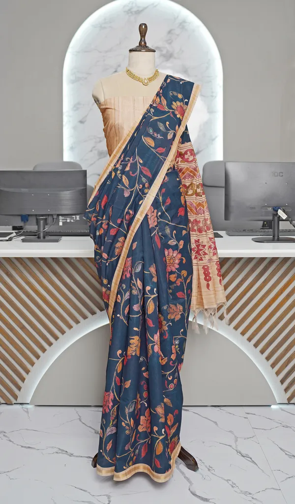 Ekta_Blue_–_Together_Navratri_Special_|_Soft_Tussar_Silk_Saree_with_Digital_Print,_Border_&_Contrast_Print_Blouse_with_Tassels