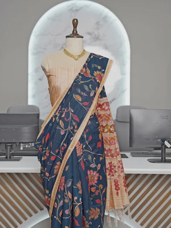 Ekta_Blue_–_Together_Navratri_Special_|_Soft_Tussar_Silk_Saree_with_Digital_Print,_Border_&_Contrast_Print_Blouse_with_Tassels