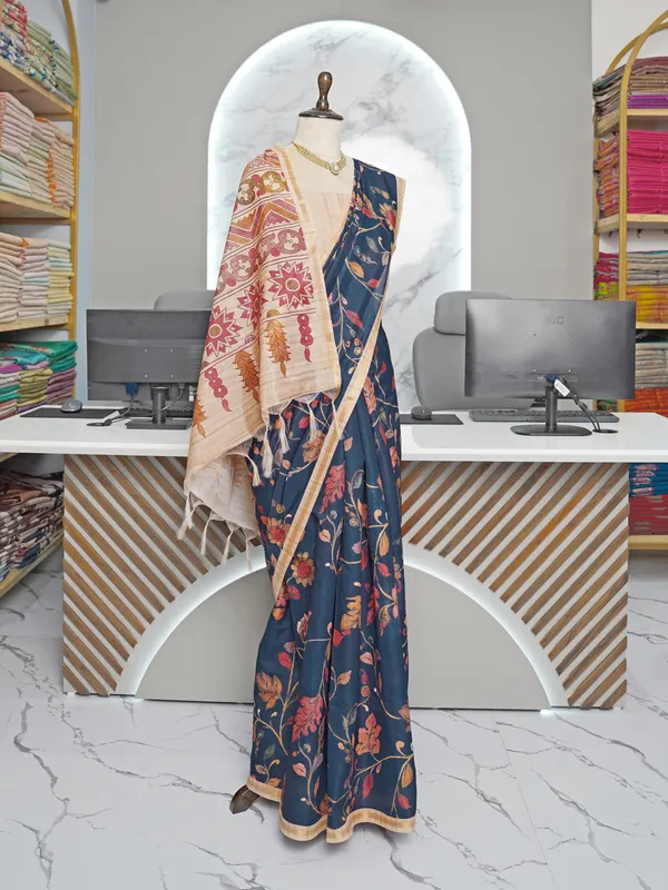 Ekta_Blue_–_Together_Navratri_Special_|_Soft_Tussar_Silk_Saree_with_Digital_Print,_Border_&_Contrast_Print_Blouse_with_Tassels