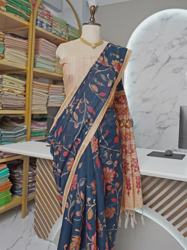 Ekta_Blue_–_Together_Navratri_Special_|_Soft_Tussar_Silk_Saree_with_Digital_Print,_Border_&_Contrast_Print_Blouse_with_Tassels