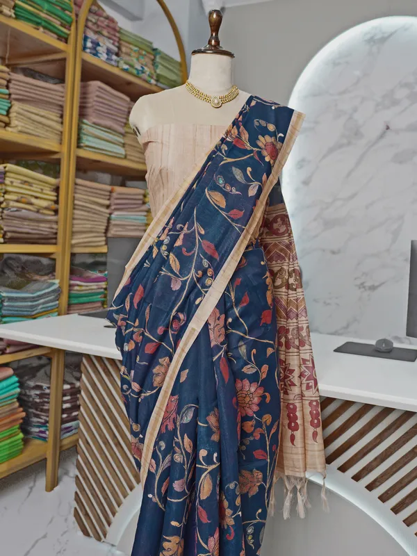 Ekta_Blue_–_Together_Navratri_Special_|_Soft_Tussar_Silk_Saree_with_Digital_Print,_Border_&_Contrast_Print_Blouse_with_Tassels