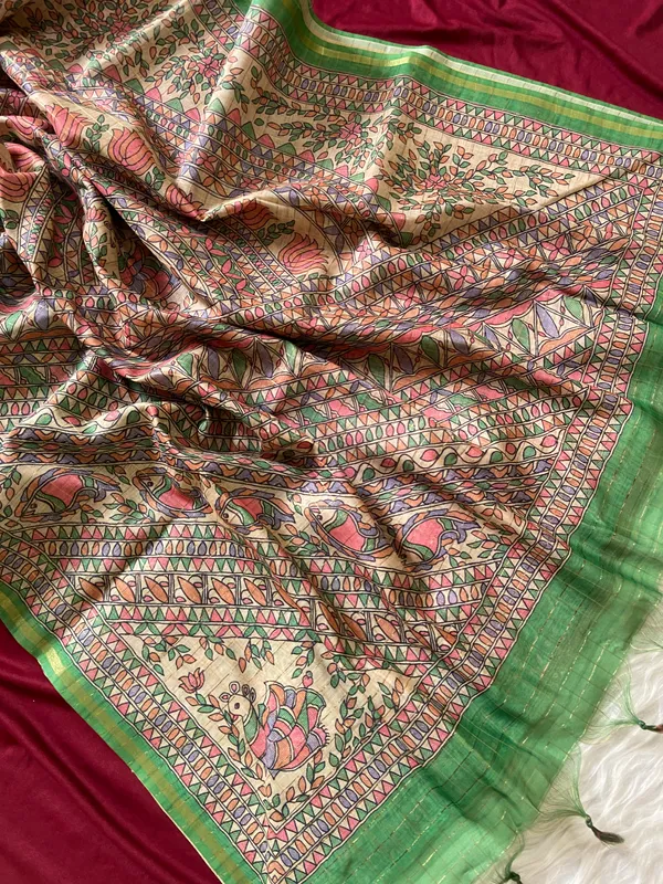 Soft_Semi_Tussar_Silk_sarees_with_Beautiful_Digital_Print_With_Attractive_Border_And_Contrast_Print_Blouse_With_Tassels