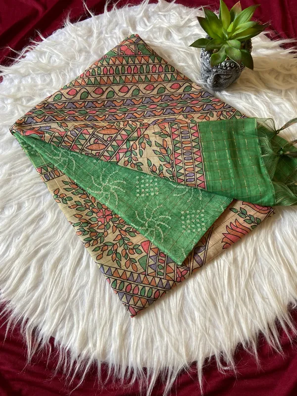 Soft_Semi_Tussar_Silk_sarees_with_Beautiful_Digital_Print_With_Attractive_Border_And_Contrast_Print_Blouse_With_Tassels
