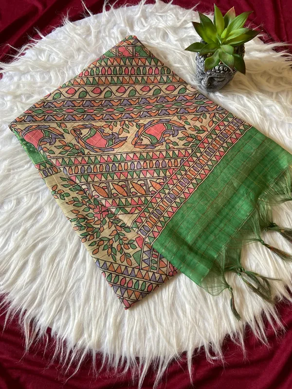 Soft_Semi_Tussar_Silk_sarees_with_Beautiful_Digital_Print_With_Attractive_Border_And_Contrast_Print_Blouse_With_Tassels