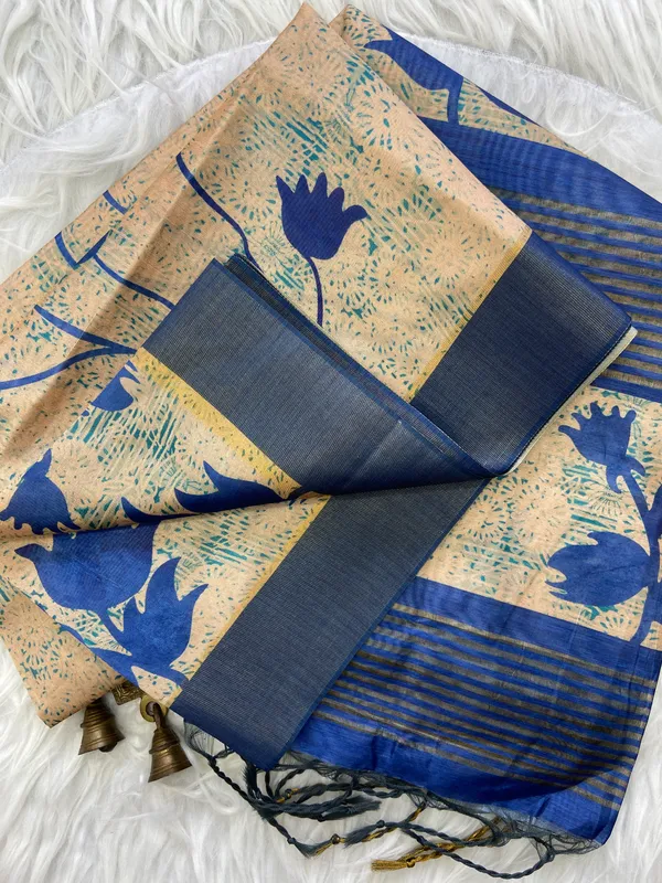 Aalia_Blue_–_Noble_Navratri_Special_|_Soft_Tussar_Silk_Saree_with_Print,_Border_&_Contrast_Print_Blouse_with_Tassels