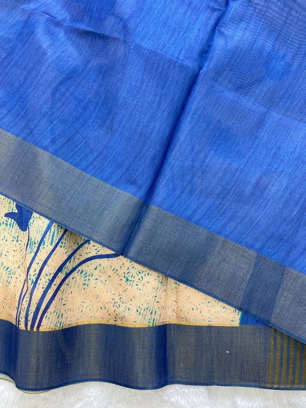 Aalia_Blue_–_Noble_Navratri_Special_|_Soft_Tussar_Silk_Saree_with_Print,_Border_&_Contrast_Print_Blouse_with_Tassels