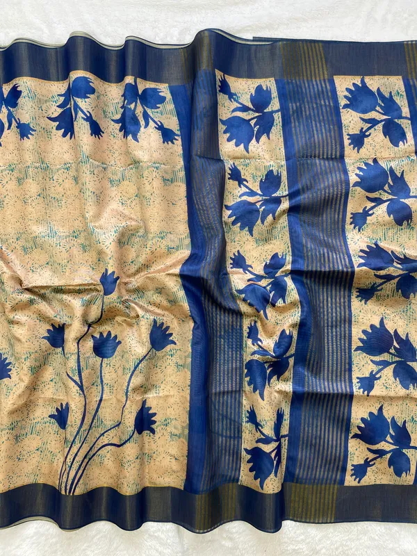 Aalia_Blue_–_Noble_Navratri_Special_|_Soft_Tussar_Silk_Saree_with_Print,_Border_&_Contrast_Print_Blouse_with_Tassels
