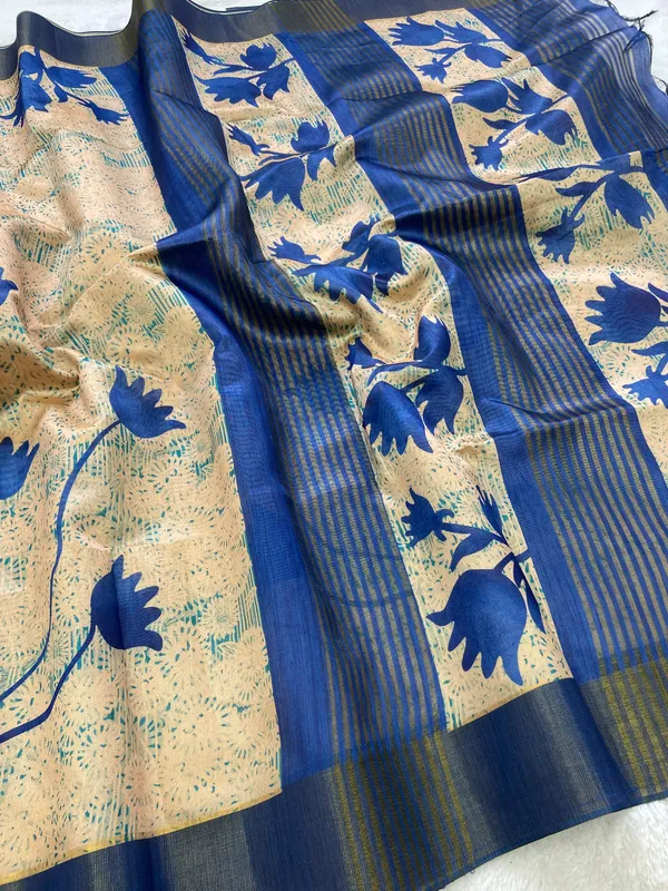 Aalia_Blue_–_Noble_Navratri_Special_|_Soft_Tussar_Silk_Saree_with_Print,_Border_&_Contrast_Print_Blouse_with_Tassels