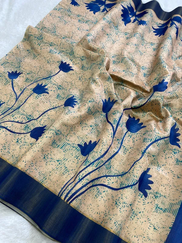 Aalia_Blue_–_Noble_Navratri_Special_|_Soft_Tussar_Silk_Saree_with_Print,_Border_&_Contrast_Print_Blouse_with_Tassels