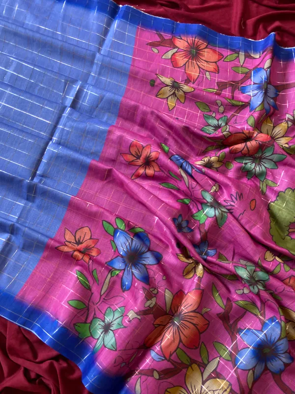 Baani_Blue_–_Navratri_Special_|_Soft_Semi_Tussar_Silk_Saree_with_Digital_Print,_Border_&_Contrast_Print_Blouse_with_Tassels