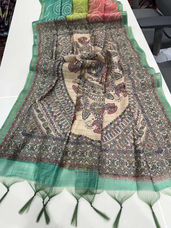 Soft_Semi_Tussar_Silk_sarees_with_Beautiful_Digital_Print_With_Attractive_Border_And_Contrast_Print_Blouse_With_Tassels