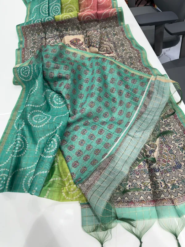 Soft_Semi_Tussar_Silk_sarees_with_Beautiful_Digital_Print_With_Attractive_Border_And_Contrast_Print_Blouse_With_Tassels