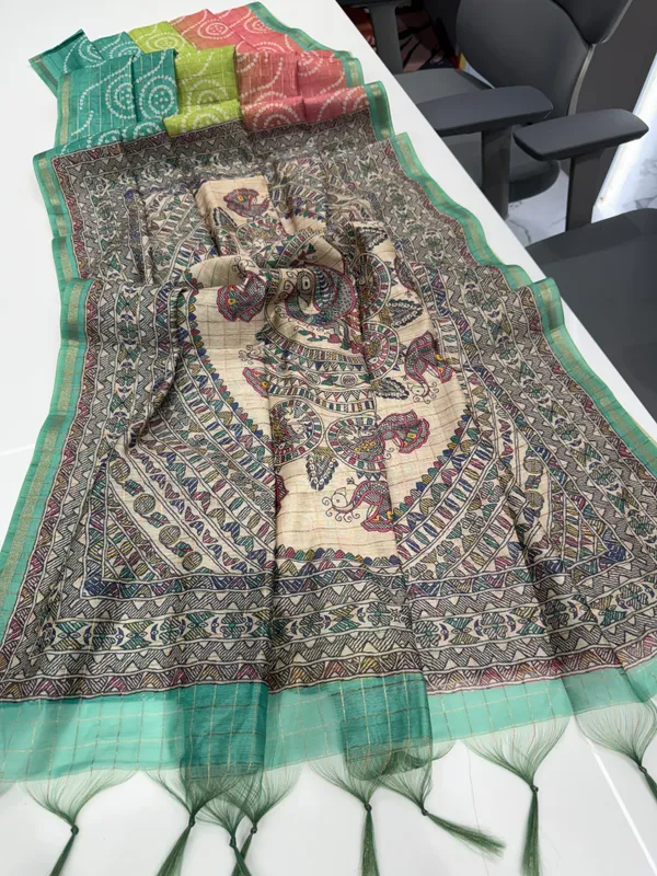 Soft_Semi_Tussar_Silk_sarees_with_Beautiful_Digital_Print_With_Attractive_Border_And_Contrast_Print_Blouse_With_Tassels