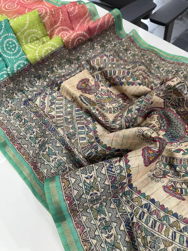 Soft_Semi_Tussar_Silk_sarees_with_Beautiful_Digital_Print_With_Attractive_Border_And_Contrast_Print_Blouse_With_Tassels