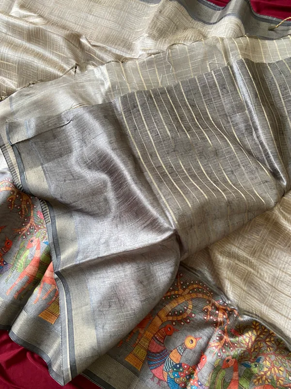 Soft_Semi_Tussar_Silk_sarees_with_Beautiful_Digital_Print_With_Attractive_Border_And_Contrast_Print_Blouse_With_Tassels