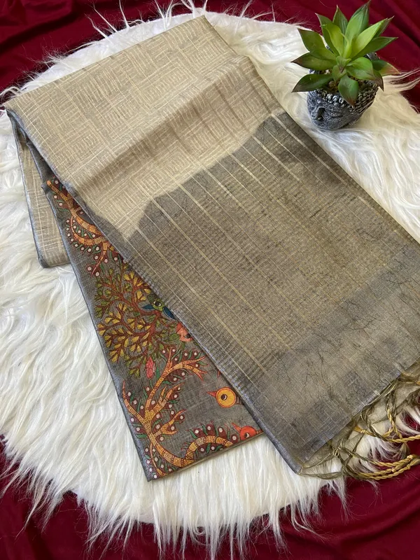 Soft_Semi_Tussar_Silk_sarees_with_Beautiful_Digital_Print_With_Attractive_Border_And_Contrast_Print_Blouse_With_Tassels