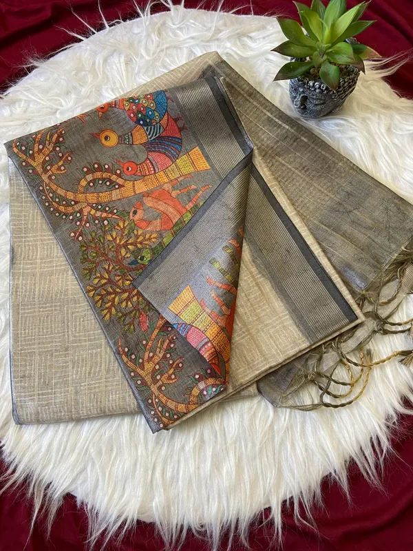 Soft_Semi_Tussar_Silk_sarees_with_Beautiful_Digital_Print_With_Attractive_Border_And_Contrast_Print_Blouse_With_Tassels