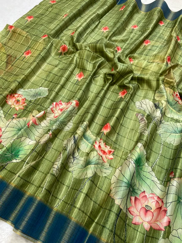 Avanti_Green_–_Regal_Navratri_Special_|_Soft_Tussar_Silk_Saree_with_Print,_Border_&_Contrast_Print_Blouse_with_Tassels